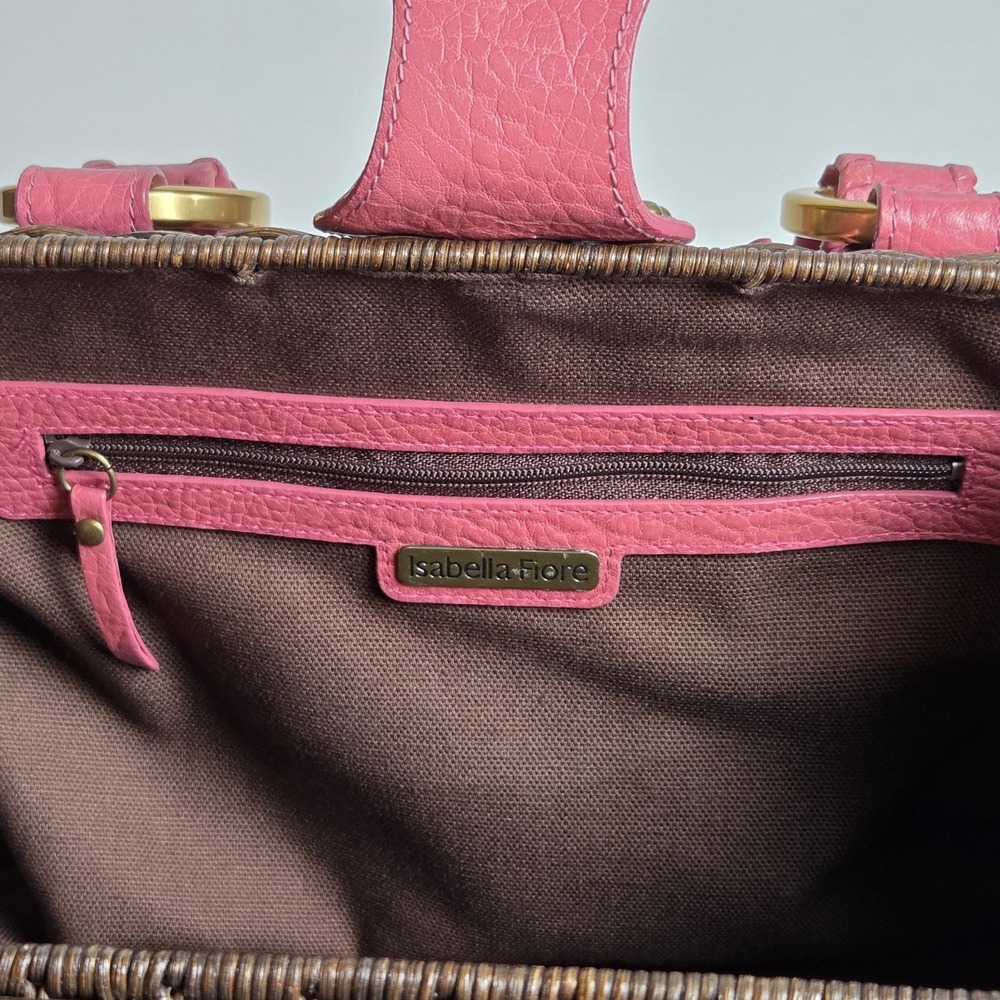 VTG Isabella Fiore Pink Leather Wicker Satchel Studded Trim Boho Handbag Rare - Picture 10 of 16